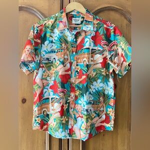 TUNEVUSE Shirt Mens Medium Hawaiian Aloha Pin-Up Tropical
